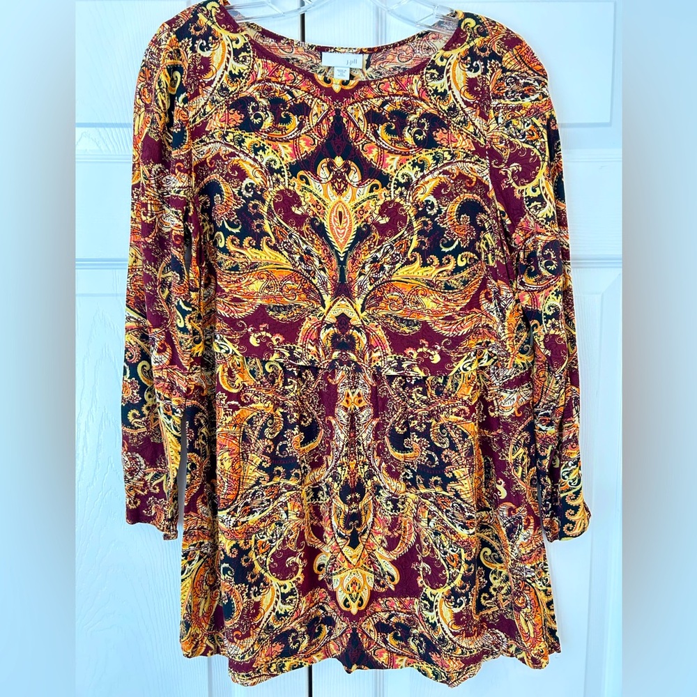 NWOT J.Jill Women’s Red/Gold Flower Print Side Slit Tunic Blouse Shirt Size PXS